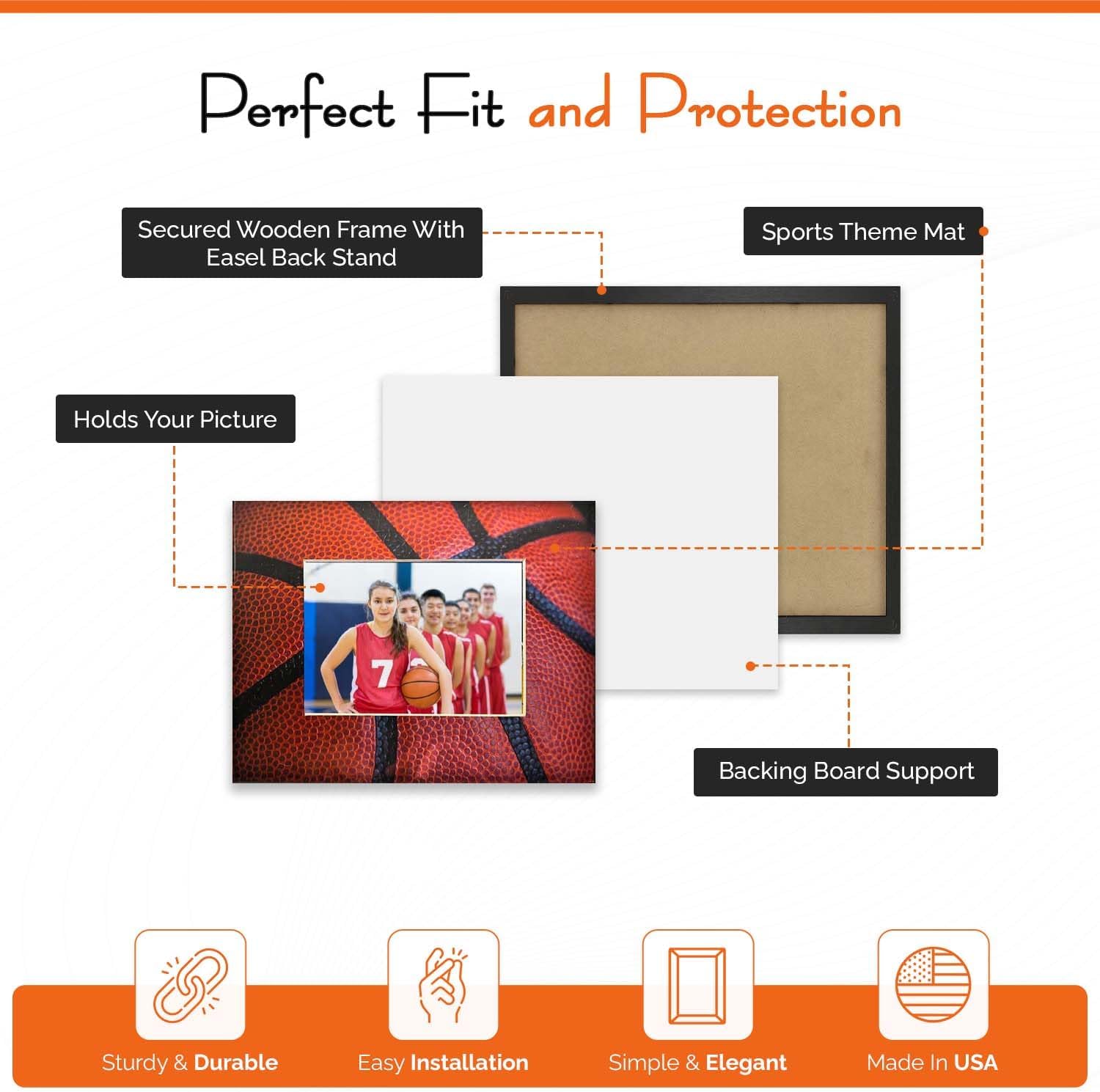 iFrame Commemorative Sports Athletics Picture Frame I Fits 5x7 Photograph I Real Wood Black Finish I Desktop, Table Or Wall Mount I Shatterproof Plexiglass I Made In USA I Basketball