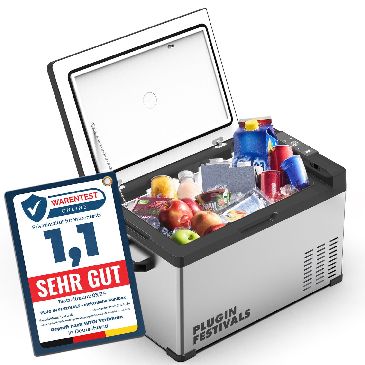 PLUG IN FESTIVALS - elektrische Kühlbox - Kompressor Gefrierbox bis -20 Grad - Kühlbox Auto - Camping Kühlschrank - Powerstation zum Kühlen - 12V 230V - 30 Liter