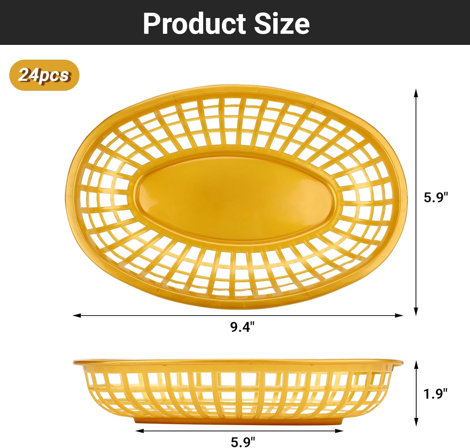 EUSOAR Plastic Food Baskets, 24 Pack Gold Oval Baskets, Reusable Burger Fries Sandwiches Bread Rolls Fruit Basket Great for Bakery Family Party Food Serving Storage Display Decor
