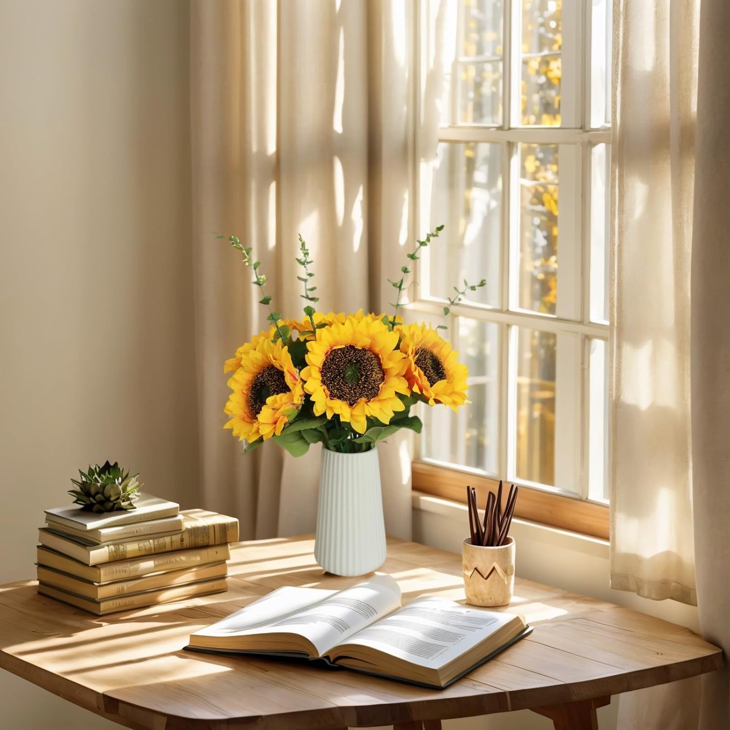 Artificial Flowers with Ceramic Vase, Silk Sunflower Fake Flowers in Vase for Home Office Decoration, 15'' Floral Arrangements for Dining Table Centerpiece, Bathroom, Wedding Decor - Image 6