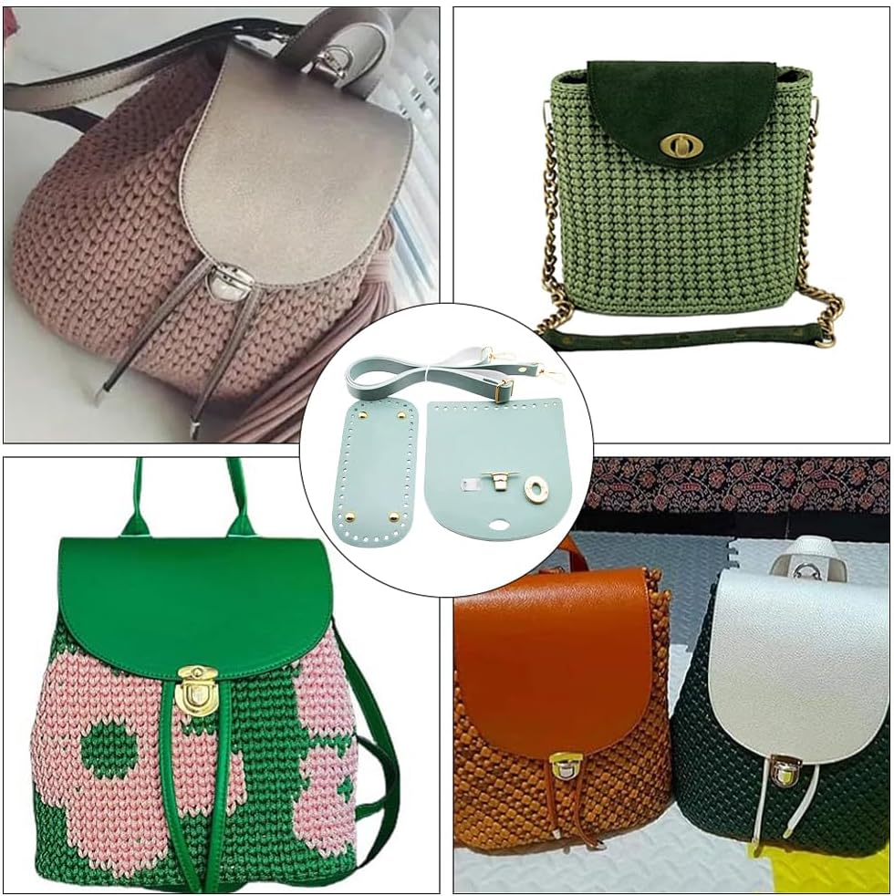 CALFOVERA DIY PU Leather Oval Handbag Bottom Knitting Kit Adjustable Shoulder Strap Purse Top Flap Cover Handbag Crochet Bag Base Shaper Pad Accessories for Crossbody Making Replacement(Aquamarine)