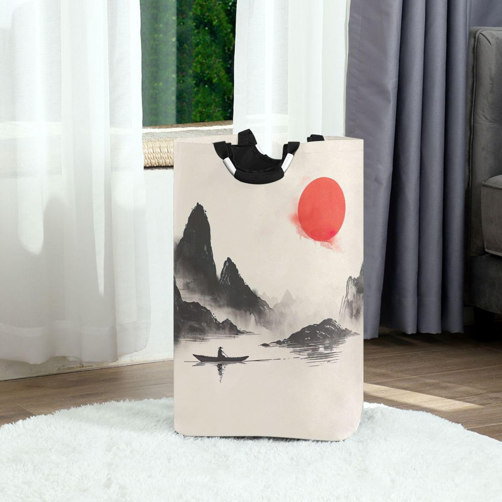 Jihqo Laundry Hamper Basket Chinese Mountain Landscape Collapsible Nursery Storage Bin Waterproof Clothing Baskets for Home Bedroom Bathroom Washing Room