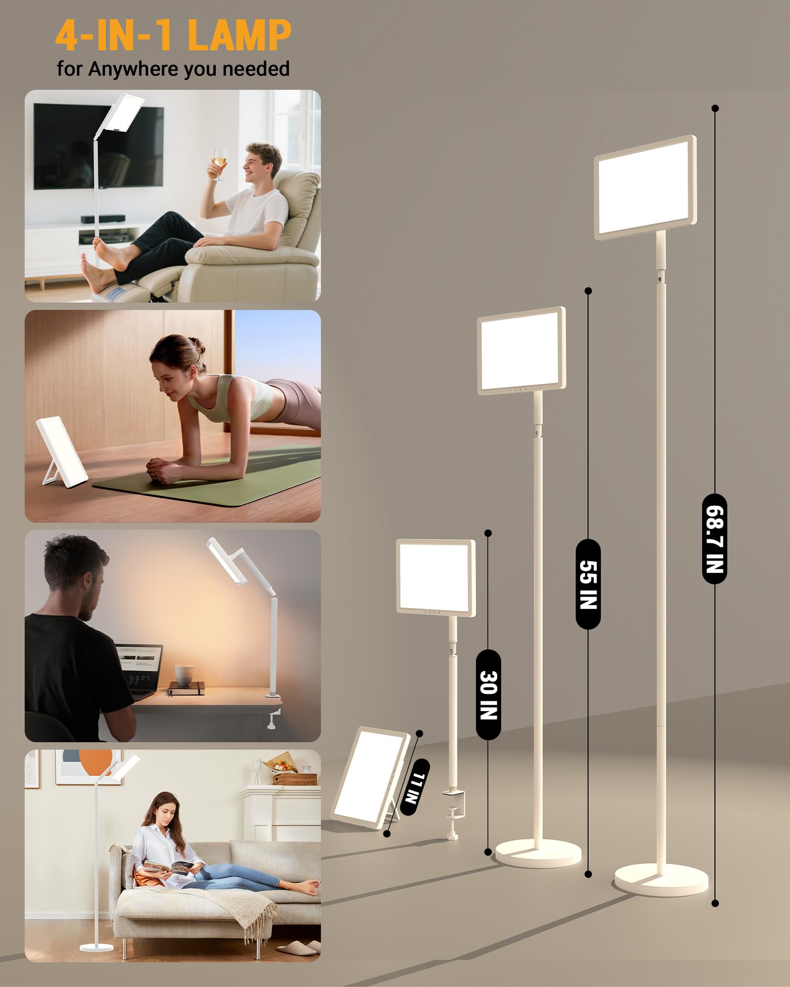 Lampe de luminothérapie 12 000 lux, sans UV, lampe de thérapie au sol à spectre complet, lampe solaire LED 4 en 1, 10 niveaux de luminosité, 5 modes de couleur, télécommande et