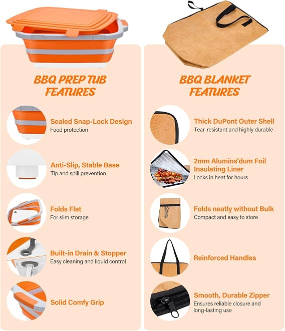 Collapsible Large BBQ Prep Tub & BBQ Resting Bag, Portable Smoking BBQ Blanket Prep Bucket for Resting Meat, Meal Prep, Marinating, 3in1 Foldable Meat Prep Tub Cutting Board with Locking Lid