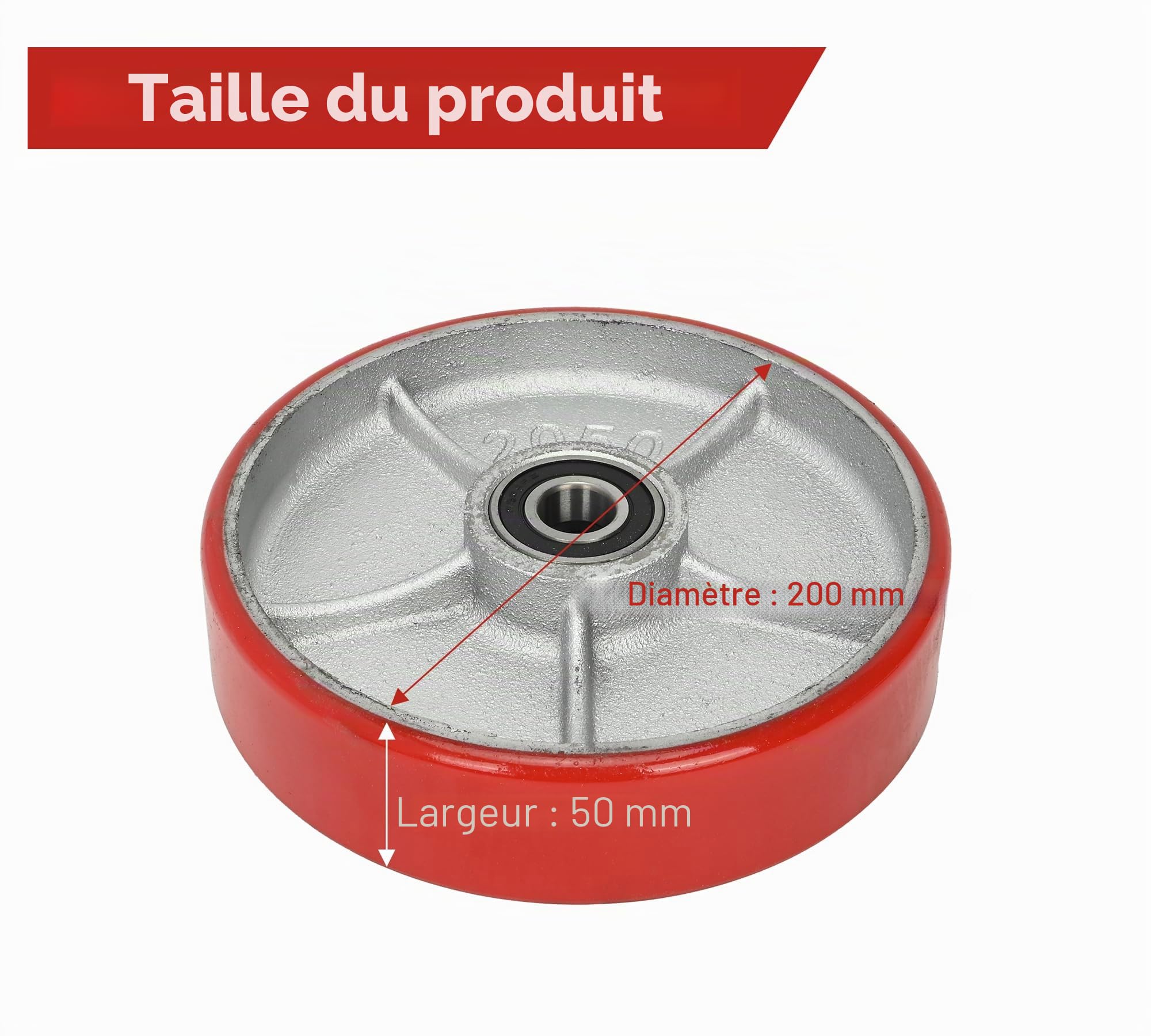 bimiti Lot de 2 roues pour chariot élévateur en polyuréthane/PU Ø200 x 50 mm, axe 20 mm avec roulement à billes, roulettes de rechange, roulette pivotante pour chariots à palettes, charge max. 3000 KG