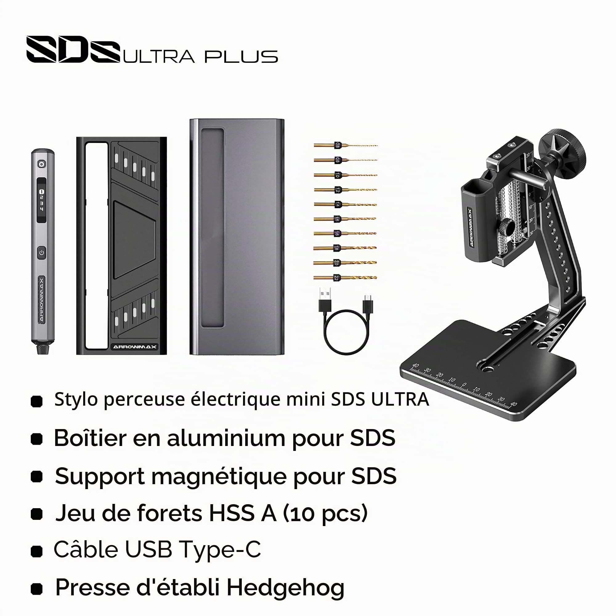 Mini perceuse électrique 4 vitesses avec presse de table hérisson, ARROWMAX 10 petits forets avec boîte en aluminium, écran OLED, lumières LED, mandrin sans clé 3/32" (SDS ULTRA PLUS)
