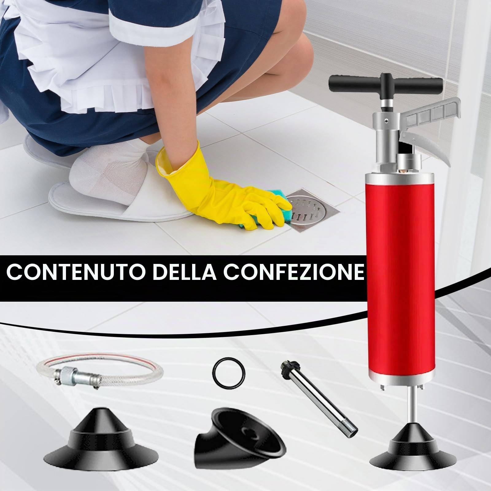 Sturatore per canalizzazioni ad aria compressa 0,8 MPa, pompa ad alta pressione con 2 ugelli in gomma e tubo di prolunga per cucina, bagno, WC e uso industriale