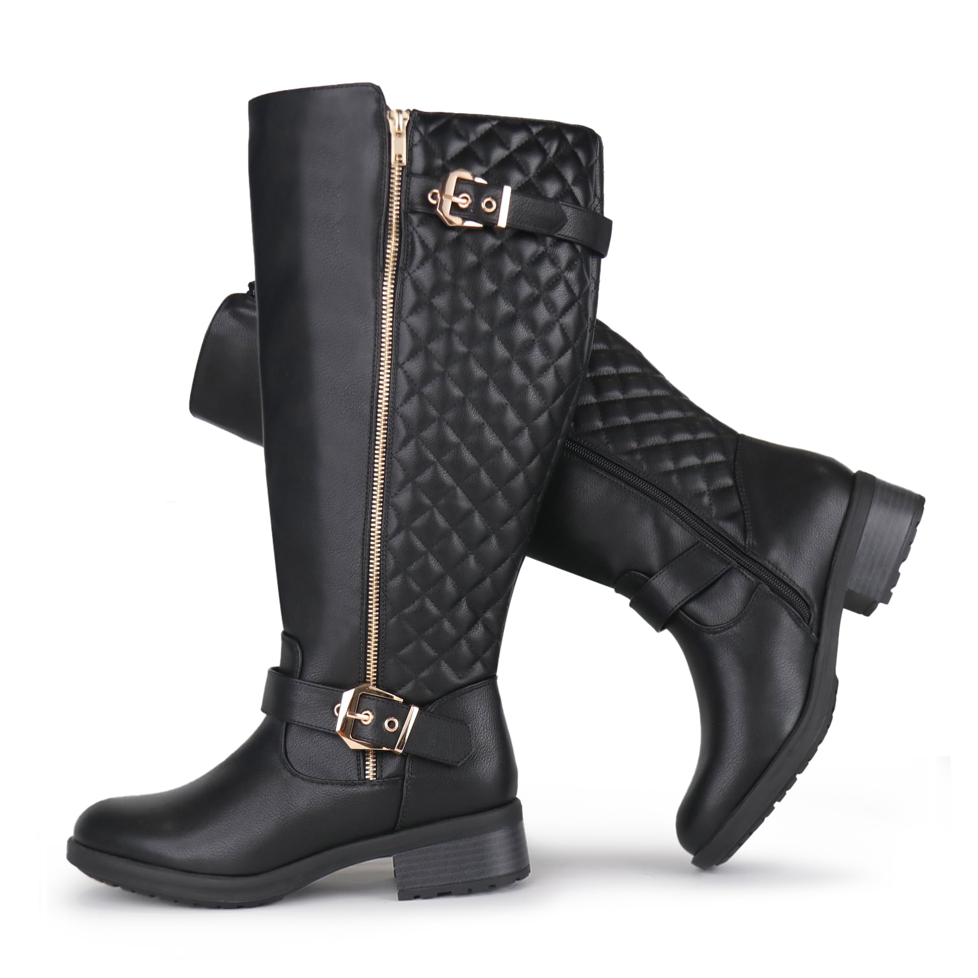 Botas de montar hasta la rodilla extra anchas para mujer, estilo retro, con doble hebilla, estilo chic, para otoño