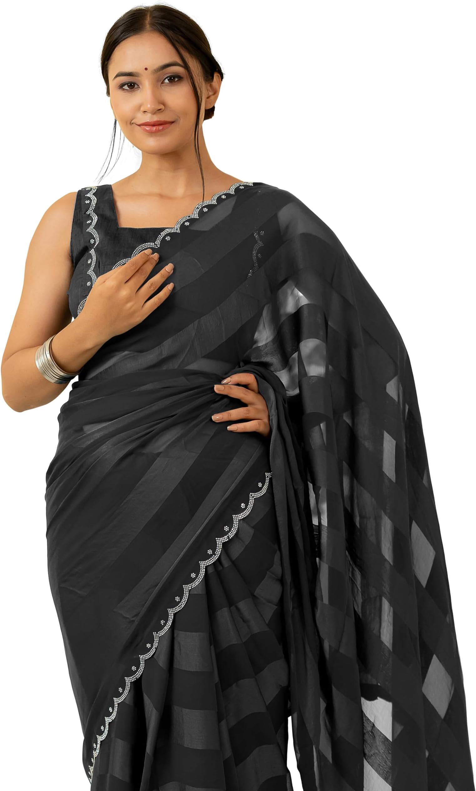Women's Silk Stone Work Farewell Plain Saree with Blouse Piece | Scalloped Cut Work Border