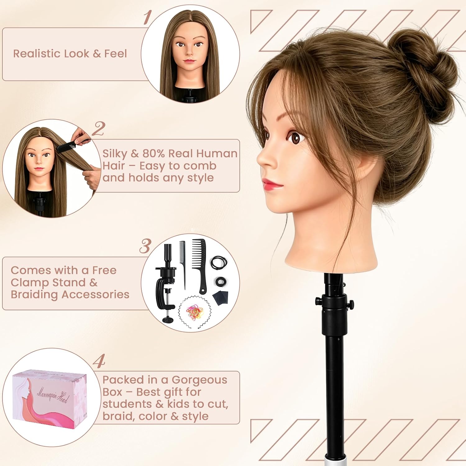 Beauty Star 80% Human Hair Mannequin Head, 26" Real Hair Training Doll for Cosmetology Hairdressing Practice, with Clamp Holder & Styling Tools