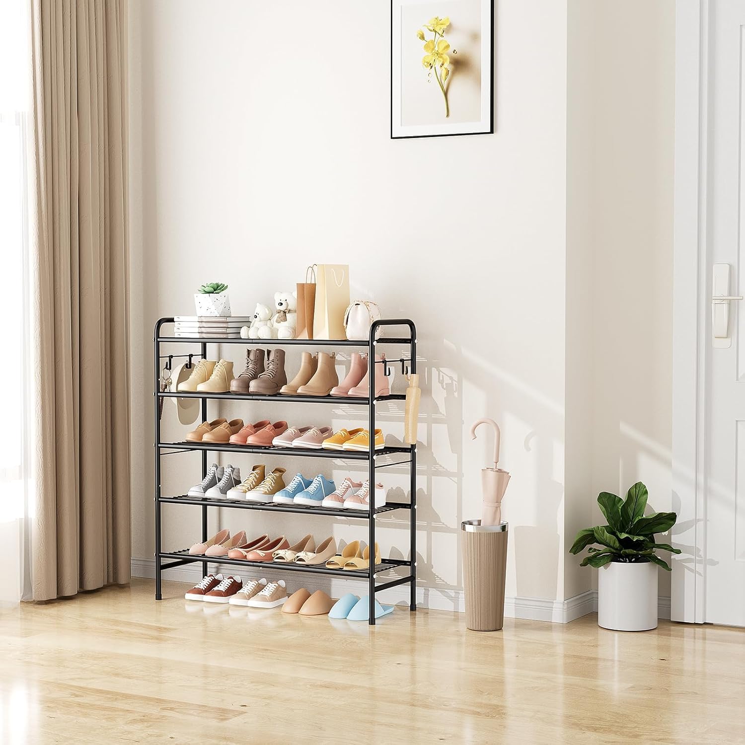 5 Tier Shoe Rack 33" Wide Metal Shoe Organizer Long Shoe Storage with 4 Side Hooks Sturdy Shoes Shelf for Closet, Front Door Entrance, Garage, Dorm, Black