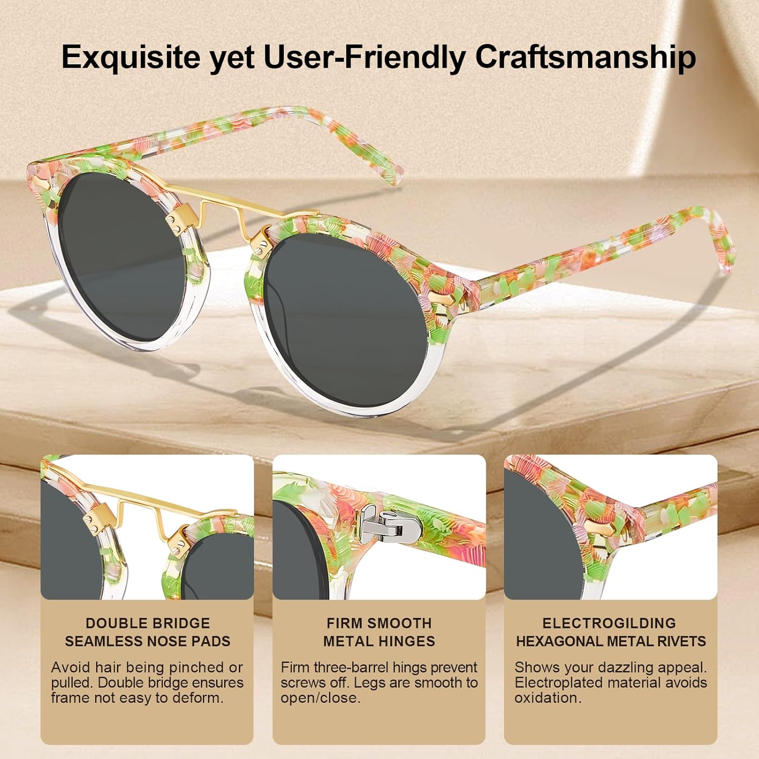 CARFIA Small Face Acetate Polarized Sunglasses for Women UV Protection, Retro Double Bridge Eyewears Metal Brow Round Sunnies - Image 5