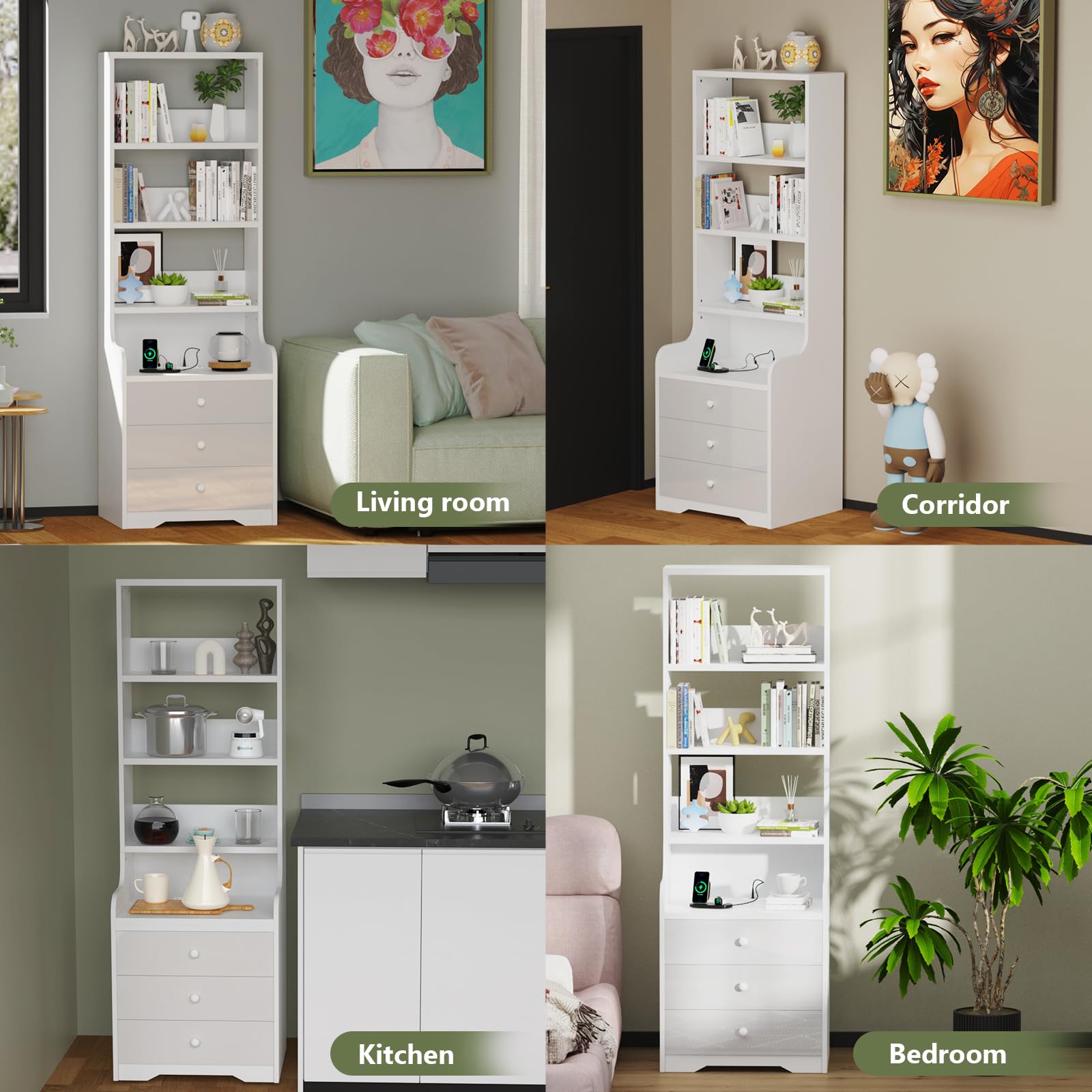 PIPIPOXER Nachttisch Weiß 2er Set mit Steckdose & USB, Hochglanz mit 3 Schubladen, Modernes Möbelstück für Wohn- und Schlafzimmer, 40x50x176 cm