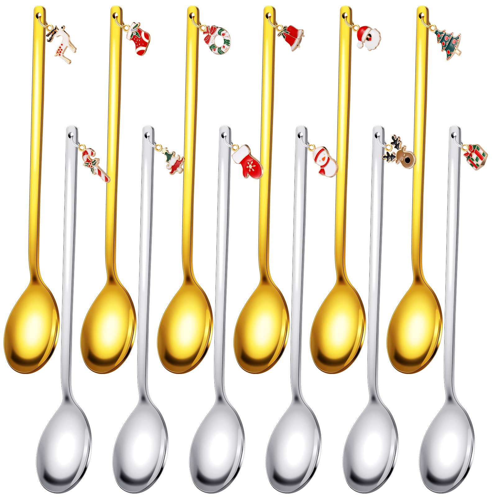 12 Pieces Christmas Coffee Spoons Christmas Tableware Christmas Drink Stirrers Stainless Steel with Xmas Pendant Dessert Teaspoons Soup Decorations Metal Christmas Spoons for Christmas (Gold, Silver)