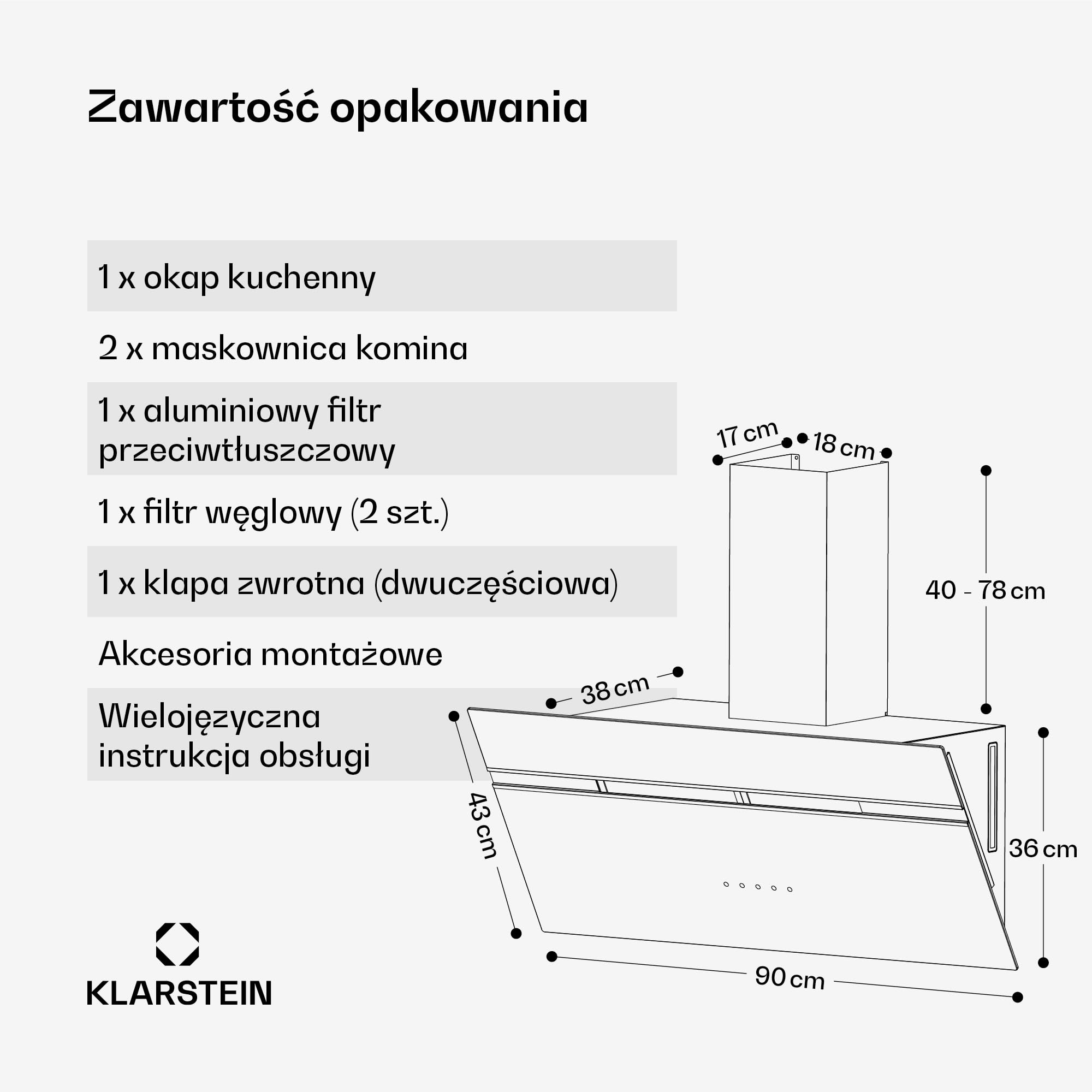 Klarstein Alina Okap kuchenny skośny – 90 cm, przepływ 615 m³/h, panel dotykowy, podświetlenie LED, cichy 63 dB, klasa energetyczna A, czarny