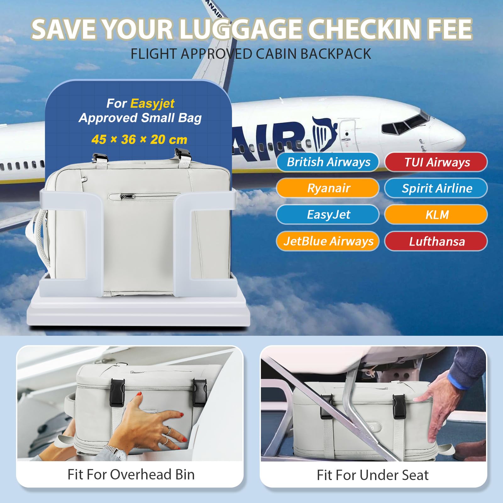 SZLX Borse da Cabina per Easyjet 45x36x20 da Viaggio aereo Bagaglio a Mano Zaino Ryanair 40x20x25 con porta USB Impermeabile donna per Computer Casual Daypack