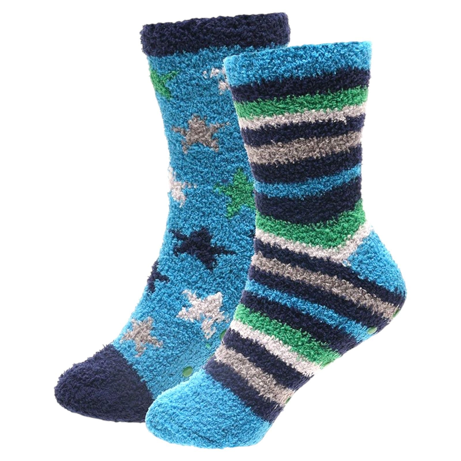 GM Apparel Lot de 4 paires de chaussettes moelleuses pour garçons - Antidérapantes - Chaussettes de lit - Super douces et pelucheuses - Thermiques confortables - Motif étoiles