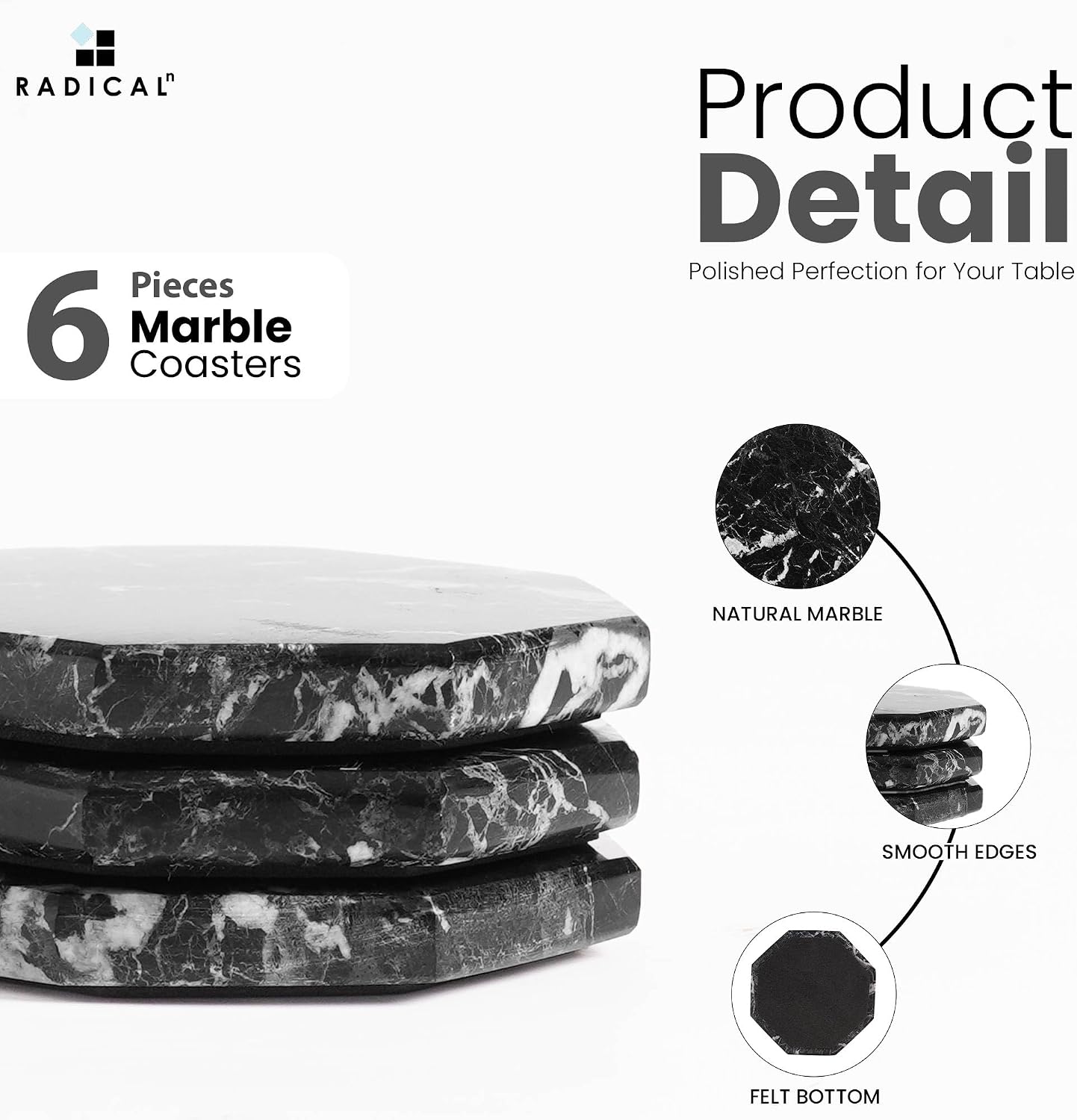 Radicaln Marble Coasters Set of 6 Black Drink Coasters for Table Decor image 5