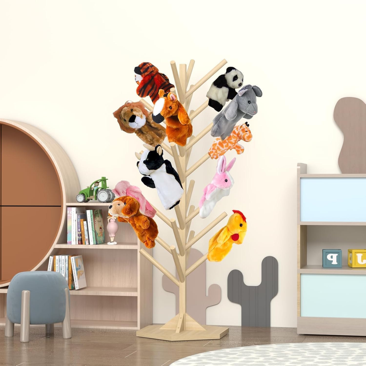 Wooden Puppet Stand – 45.5" Tall Puppet Tree Holds 30 Hand Puppets, Safe Storage & Display Organizer for Classrooms, Daycare, Therapy Rooms