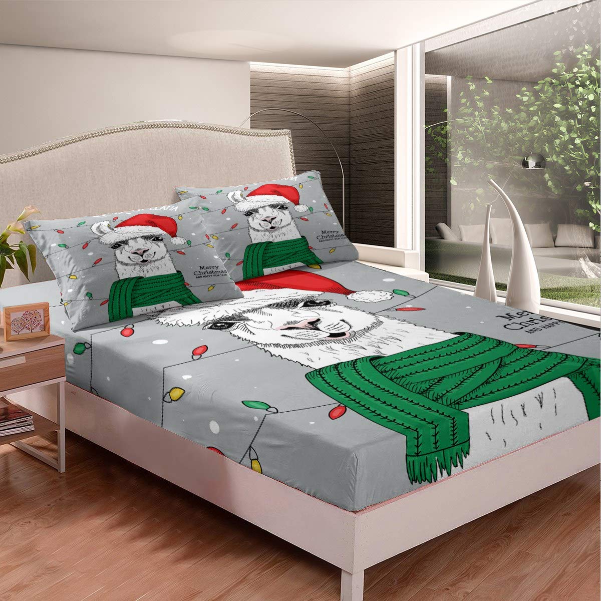 Loussiesd Llama Bed Sheet Set Cartoon Alpaca Print Sheets for Kids Boys Girls Cute Animal Pattern Bedding Set Christmas Theme Fitted Sheet Bedroom Collection 3Pcs King Size