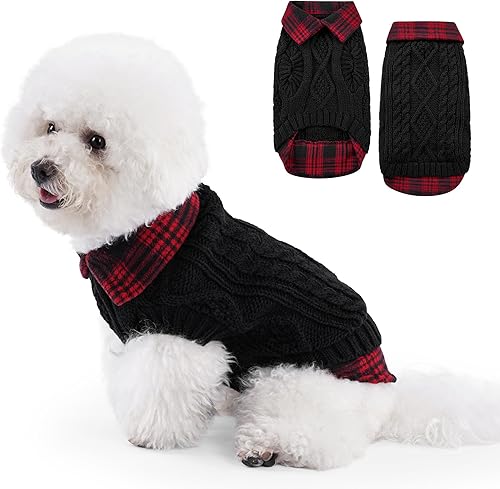 WOYYHO Suéter para perro para el día de San Valentín para perros pequeños, suéteres clásicos con cuello de cuadros para perro con agujero para la