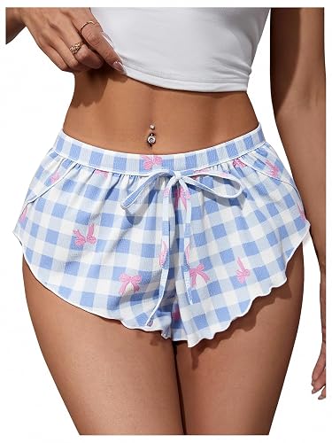 MakeMeChic Women's Pajama Bottoms Floral Print Plaid Tie Front PJ Shorts Slit Hem Cherry Summer Lounge Shorts - Large - Blue