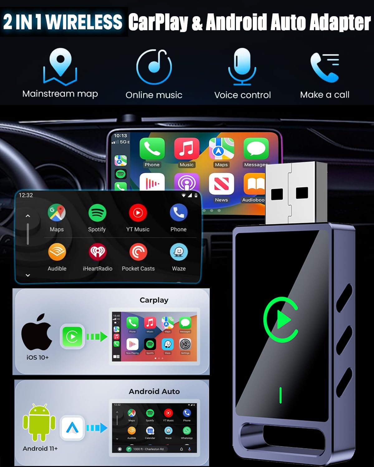Wireless CarPlay Adapter für iOS 10+ und Android 11+, Konvertieren Sie kabelgebundenes CarPlay Kompatibel mit Autos 2016+ mit Wired CarPlay