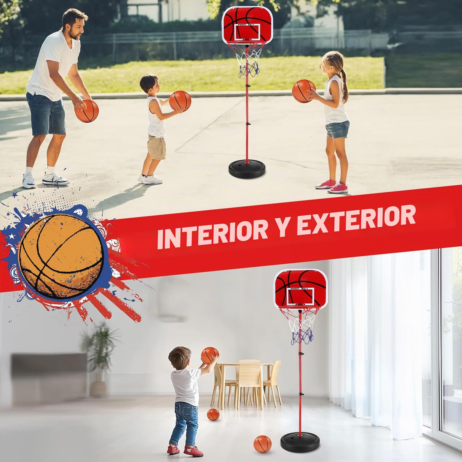 Canasta Baloncesto Infantil Regulable 50-150 cm con 3 Pelotas + Bomba - Canasta Basket Niños 3-8 Años para Exterior/Interior - Ideal Exteriores, Jardín, Interior