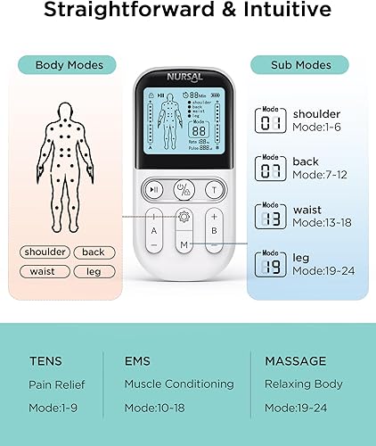 Miniatura 4 de NURSAL Máquina estimuladora muscular TENS de doble canal, masajeador de pulso electrónico 3 en 1, máquina TENS EMS de 24 modos, masajeador muscular