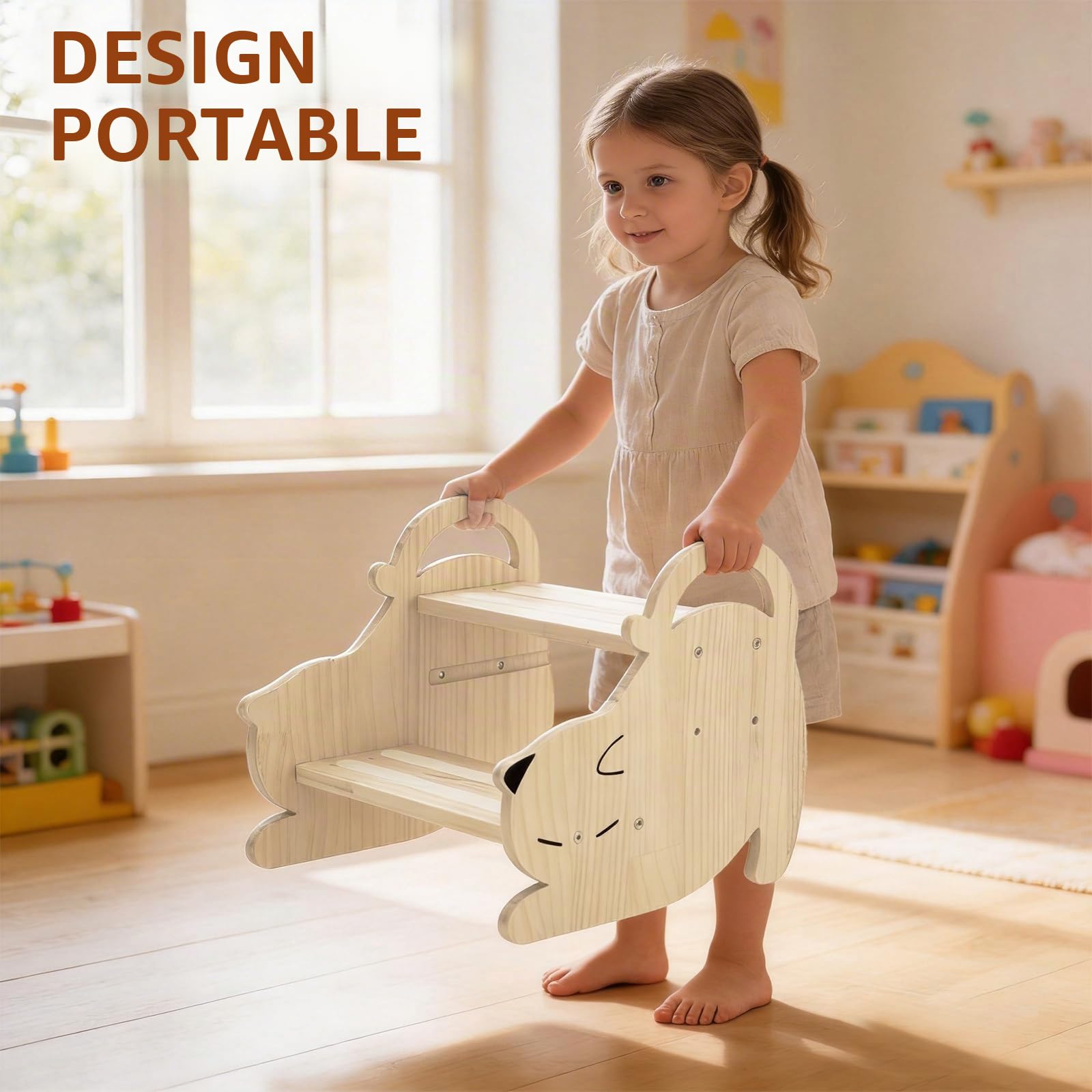Marchepied pour Enfant, Antidérapant Portables Tabouret Marche Pied Bois 2 Marches Stable Marche Pied Enfant Charge Maximale 150kg, Deux Hauteurs Réglables, pour Salle de Bain et Cuisine, Chat