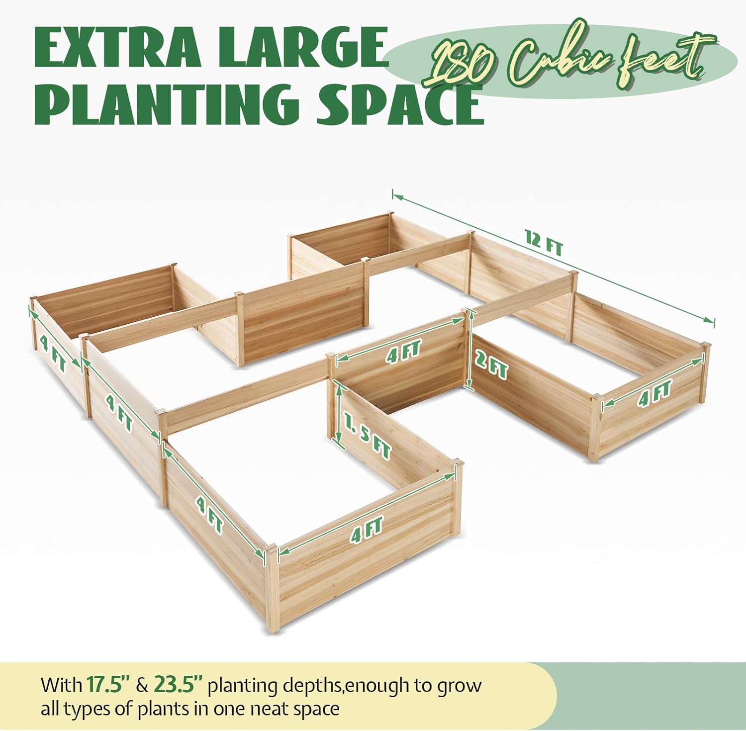 Jocisland H-Shaped Raised Garden Bed, 12x12x2 ft, 180 cu. ft Capacity, Double-Layer Wooden Planter Box for Outdoor Patio Garden
