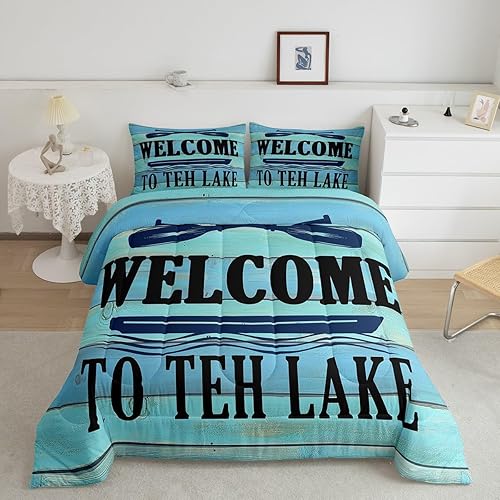 jejeloiu Juego de edredón de bienvenida al lago para niños y niñas, edredón de decoración de casa de lago, tamaño matrimonial, juego de ropa de cama