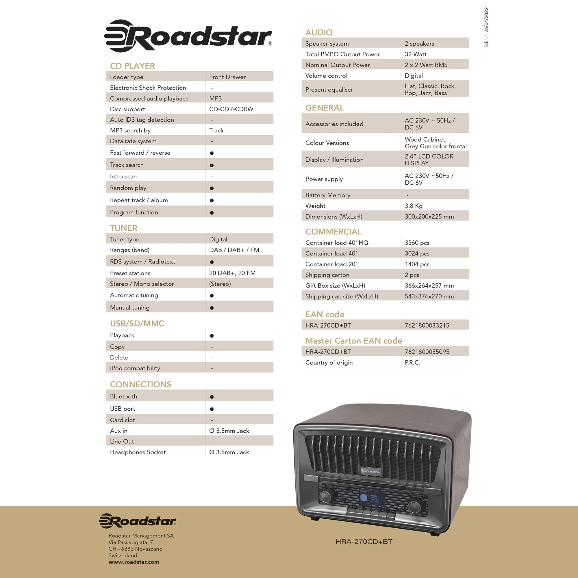 Roadstar HRA-270CD+BT Radio CD Portable Numérique Vintage Dab/Dab+/FM, Lecteur CD-MP3, Bluetooth, USB, Stéréo, AUX-in, Écran LCD, Télécommande, Connexion pour Casque, Alarme, Bois