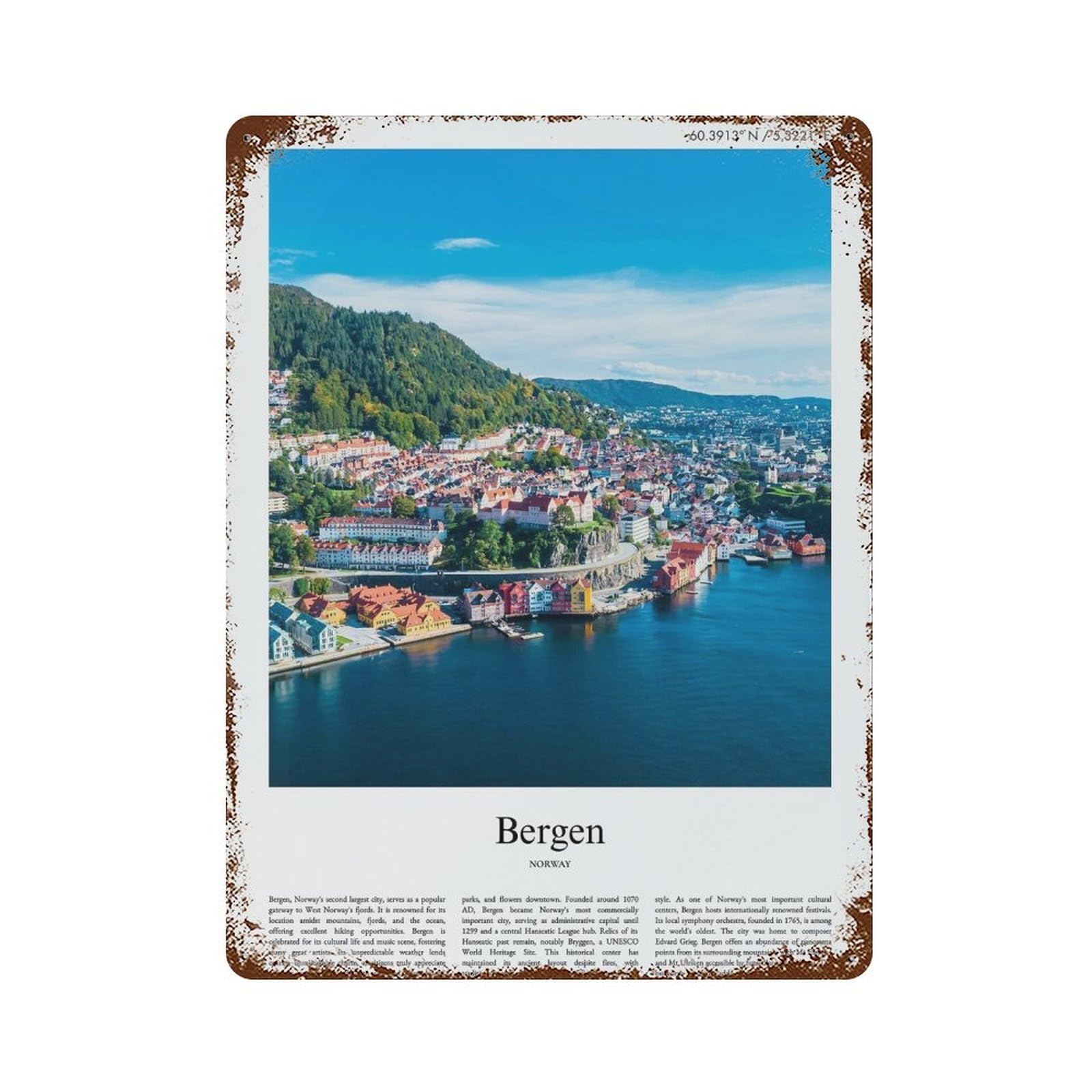 xiaoxiaoshen Bergen Norway City Scenery Wall Decor Art Metal Tin Poster Modern Home Decor Art Home Bar Shop Decorations Vintage Sign 40x30cm