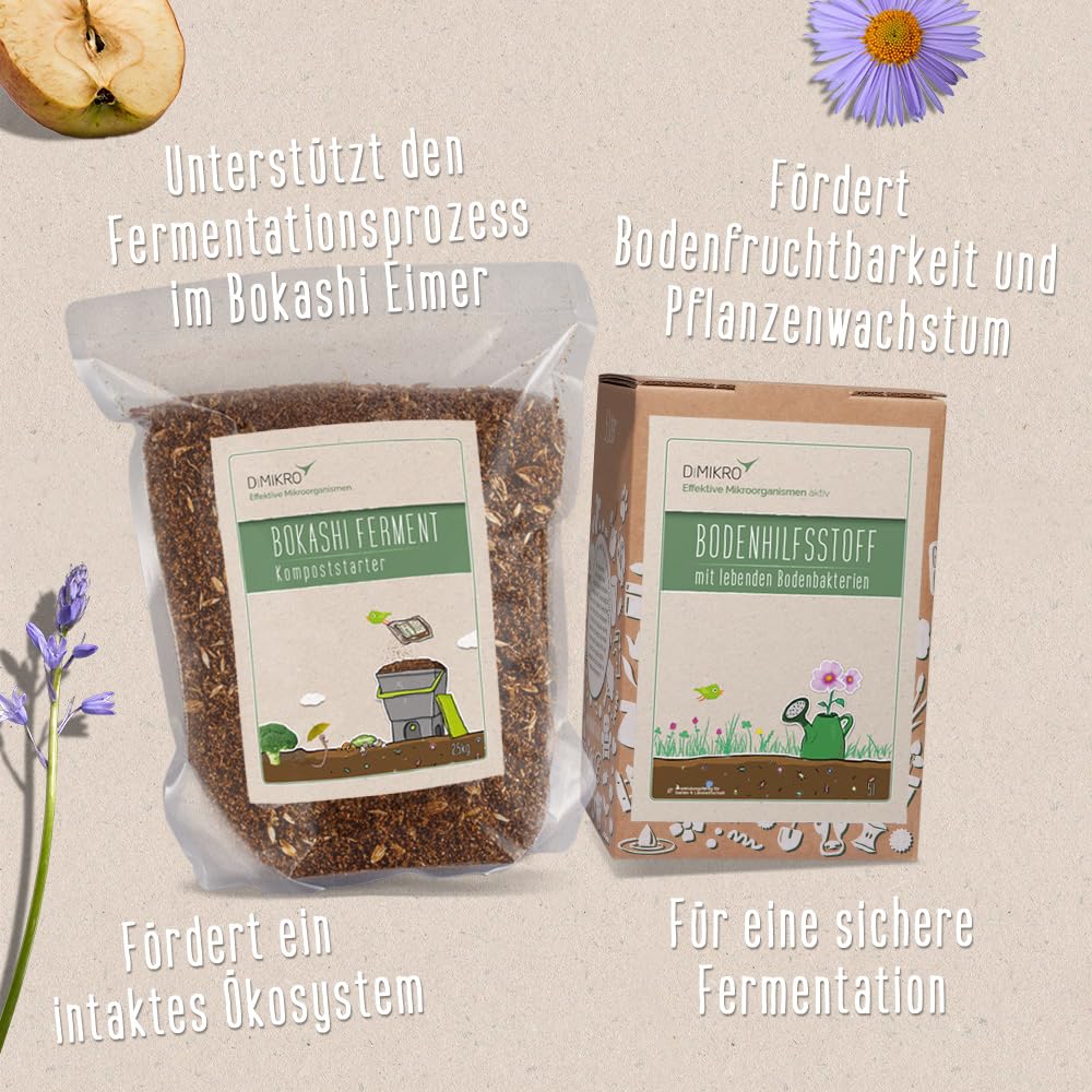 Bokashi Kit de recharge pour seau - 5 litres EM actif et 2,5 kg de ferment Bokashi | Accélérateur de compost liquide de qualité biologique, fabriqué en Allemagne – pour l'entretien durable de votre seau Bokashi