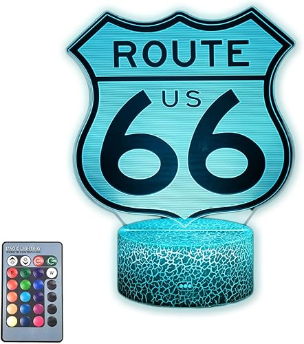 US Route 66 - Lámpara de mesa vintage con ilusión 3D con 16 colores táctil y control remoto, decoración de dormitorio, regalo para padres, hombres,