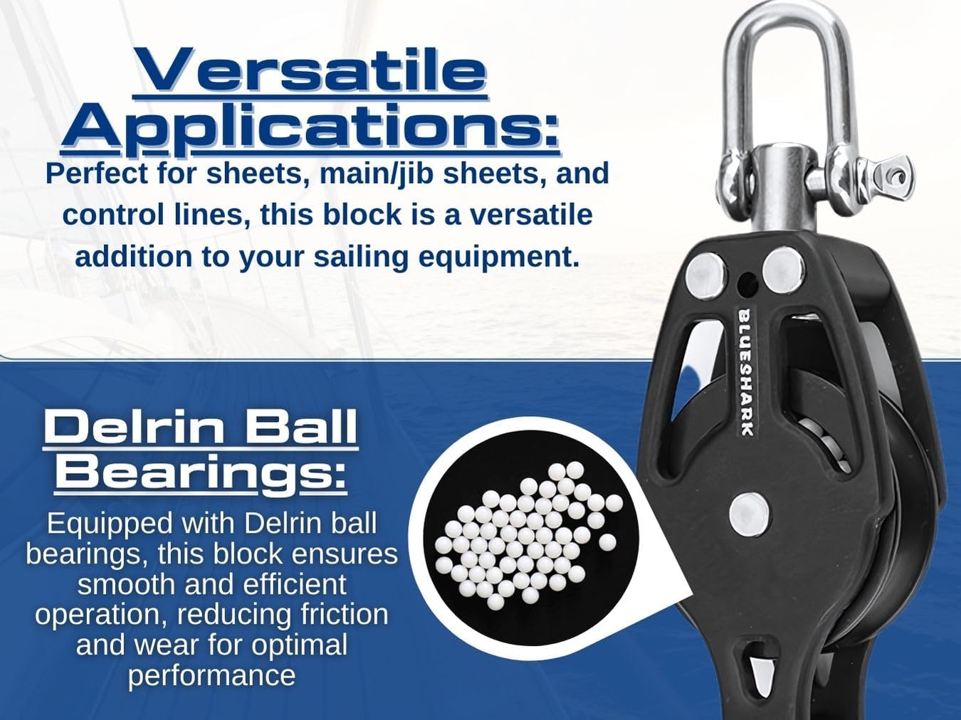Blue Shark 2252-38 mm Single Swivel Becket Aluminum Sailing Block - Max Line: 3/8” (10 mm), Safe Working Load (SWL): 900 lbs, Breaking Load: 2200 lbs (2-Pack)