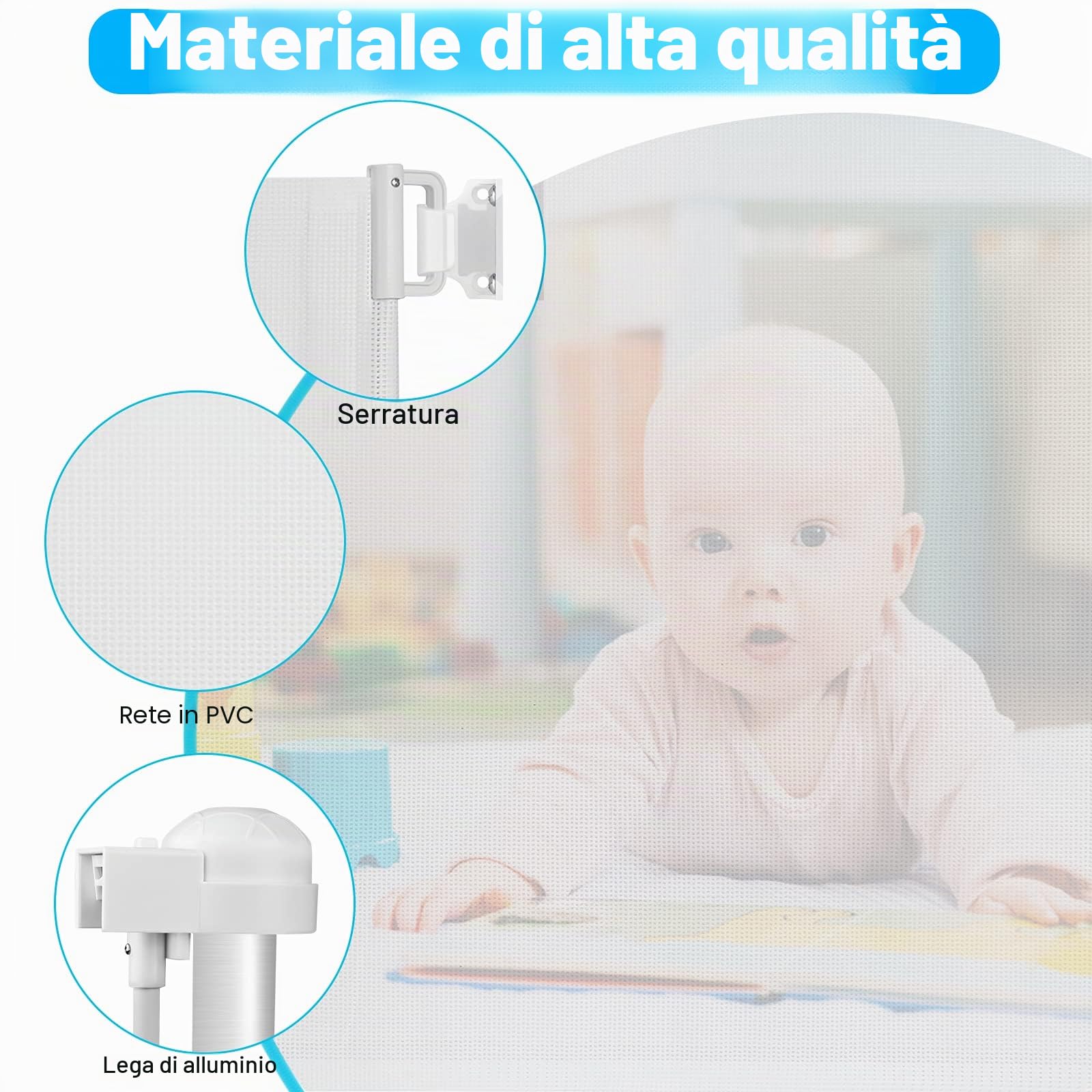 LARS360 Griglia di protezione per porta estensibile da 0 a 150 cm, per scale, altezza 87 cm, per bambini, utilizzabile con una sola mano, per interni ed esterni, colore bianco