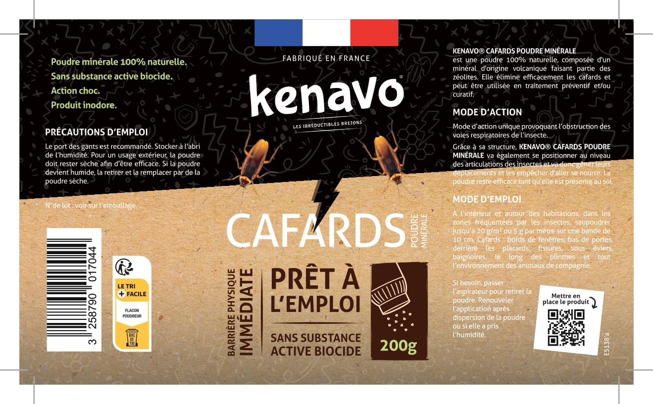 Poudre Minérale Anti-Cafards 200g KENAVO Élimine cafards et blattes Effet choc Fabrication française