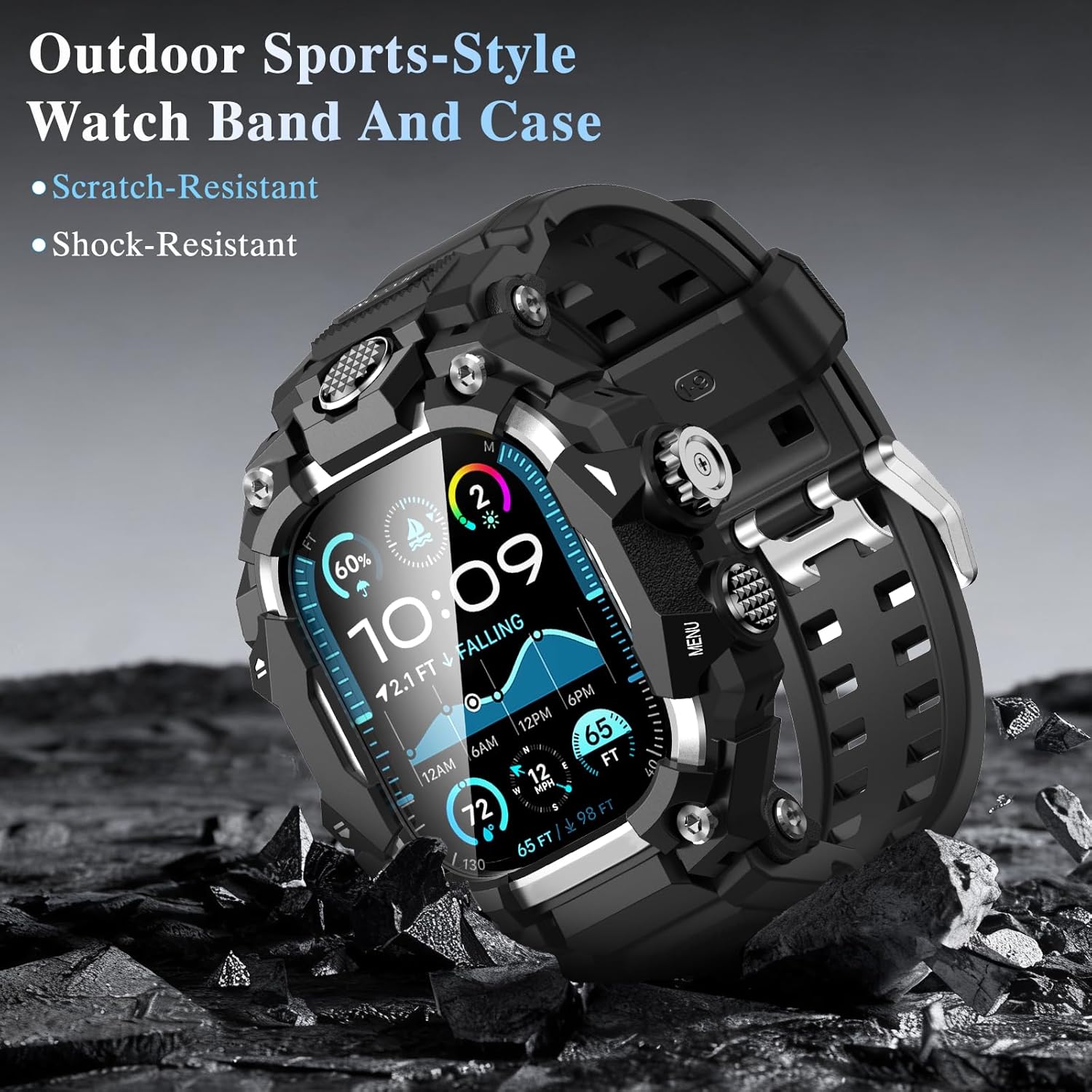 Band with Rugged Case Compatible with Apple Watch Bands 49mm (Ultra 3/2/1), Sport iwatch Bands Protective Bumper Cover for Men (49mm Silver)