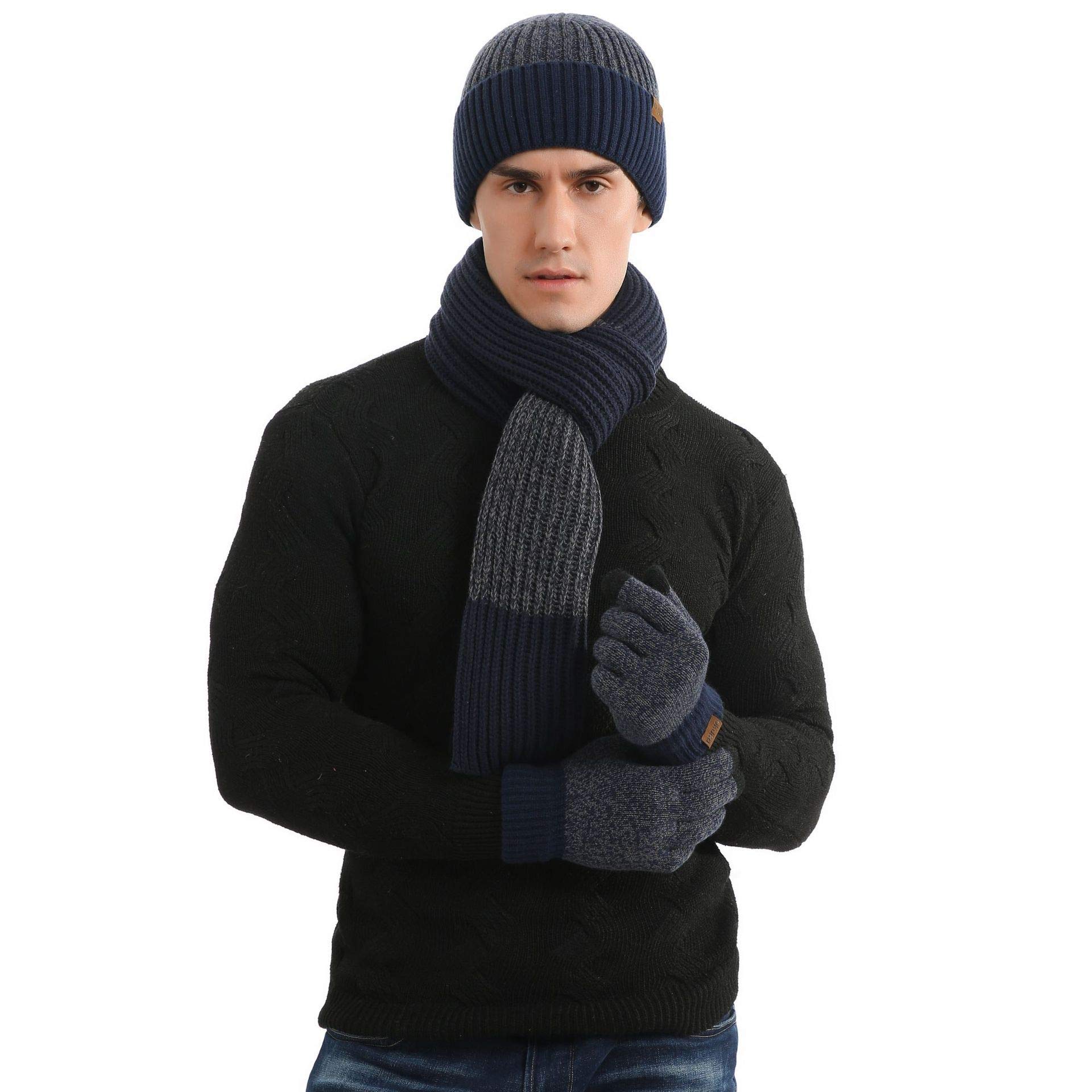 Maleroadsmens Beanie Scarf Gloves Set Knit Winter Fleece Lining