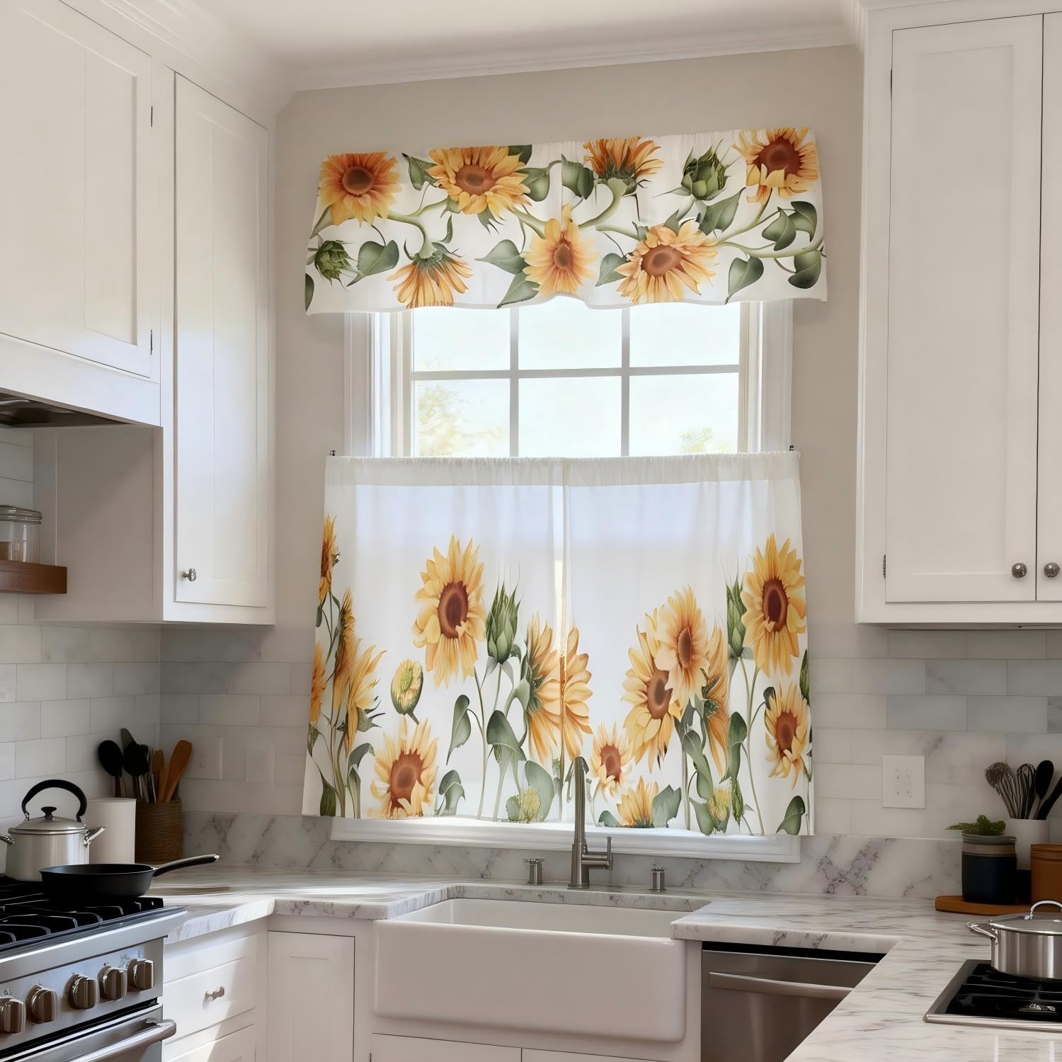 3-Piece Sunflower Kitchen Curtain Set - Valance and Tiers with Rod Pocket - 58wx14h+(28wx36h)*2 - Floral Dining Room Window Treatment