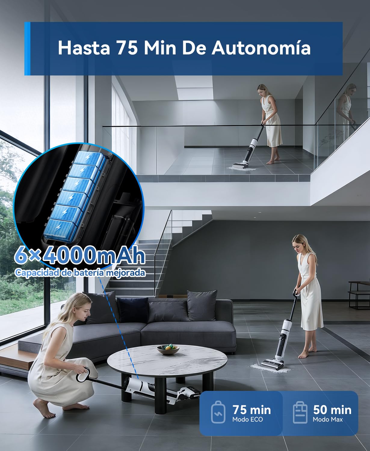 Redkey W13SE Aspiradora Fregadora sin Cable, 75 min Máx., 23KPa Aspiradora en Seco y Húmedo, Autolimpieza, Doble depósito, Aviso por Voz LED, Adecuado para Suelos Duros y Pelos de Mascotas