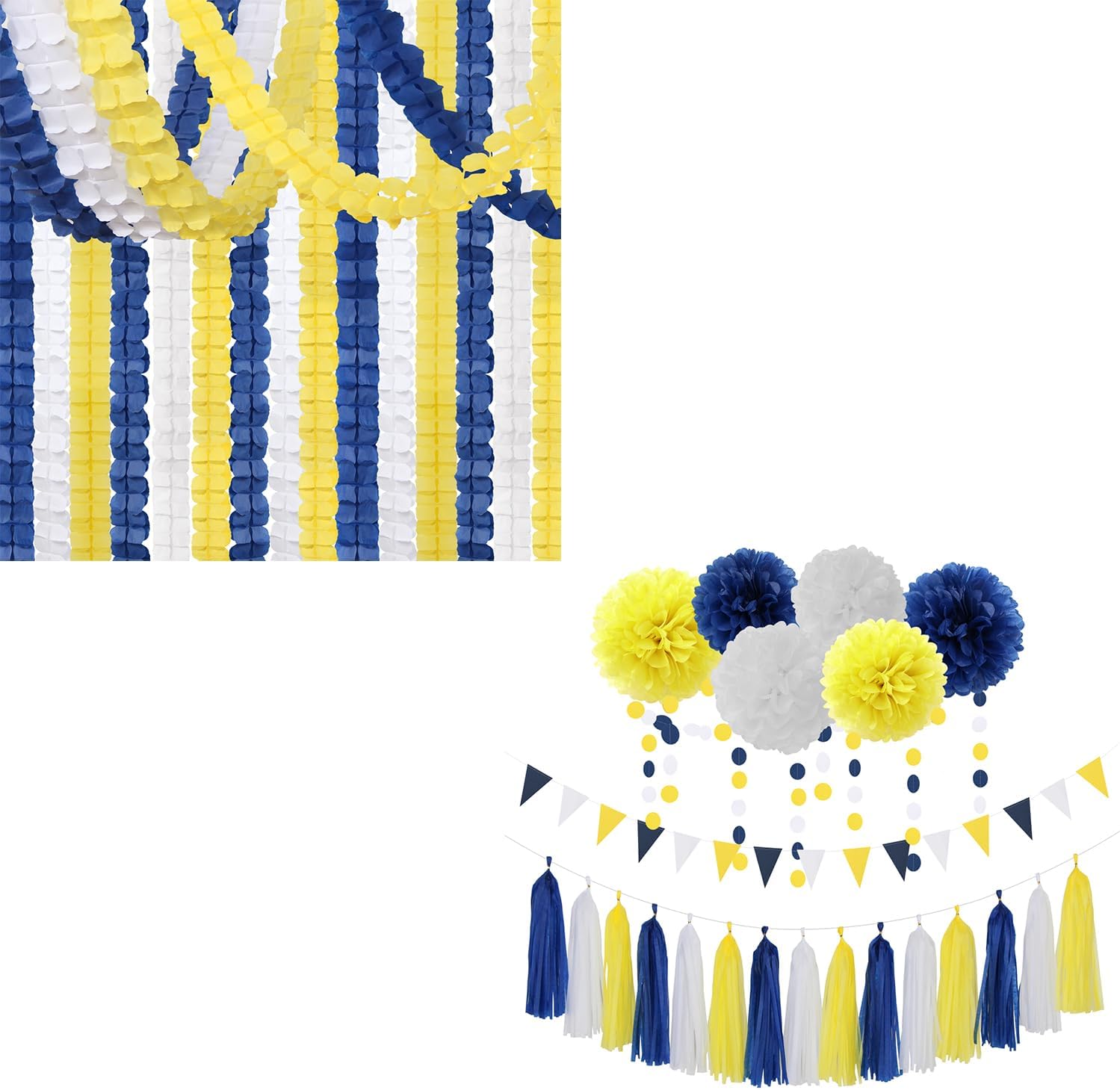 Navy-Blue White-Yellow Party-Decorations Streamers Garland and Navy-Blue White-Yellow Graduation Party Decorations