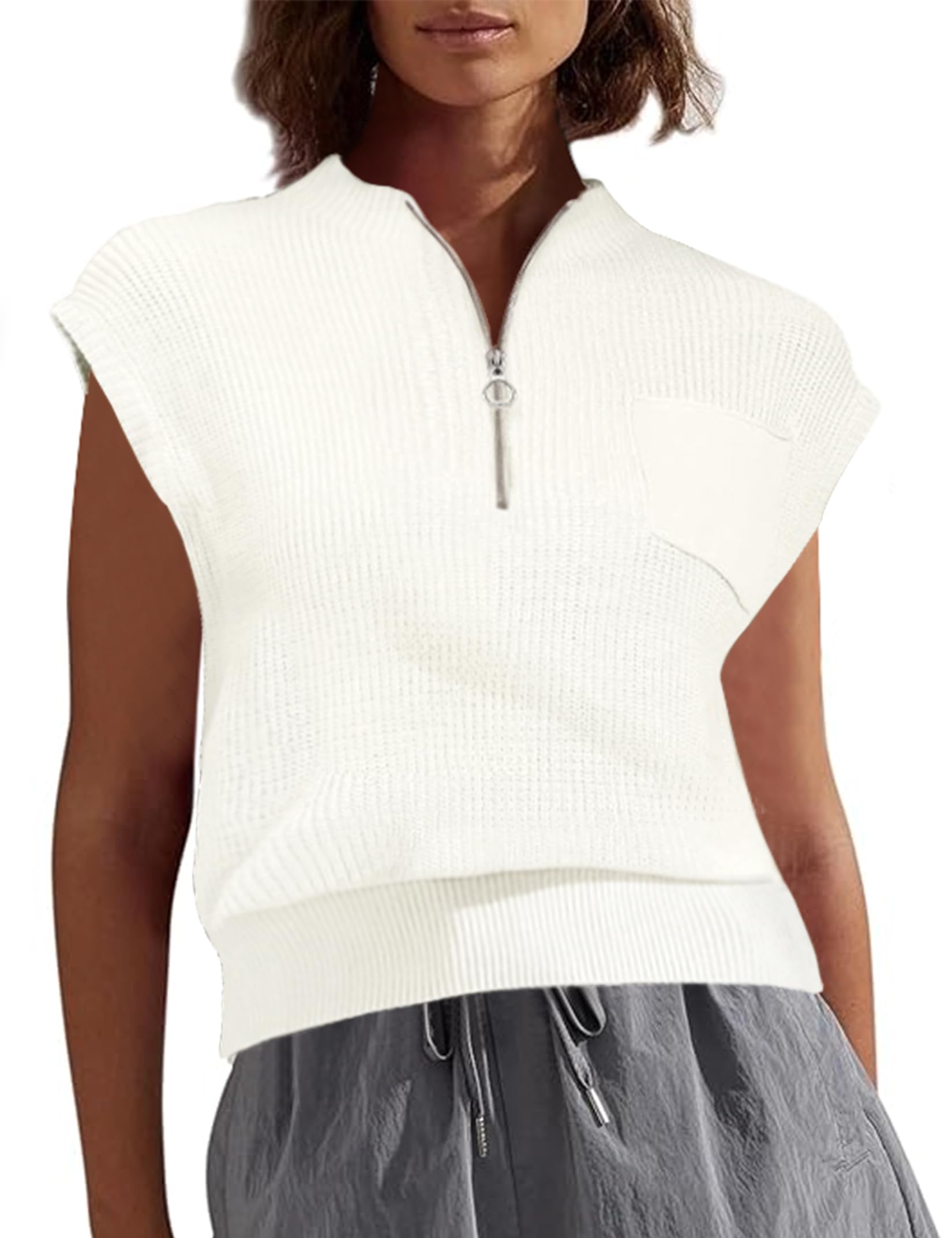 Women Sleeveless Knit Zip Sweater Vest Loose Fit Mock Neck Casual Tank Top with Front Pocket