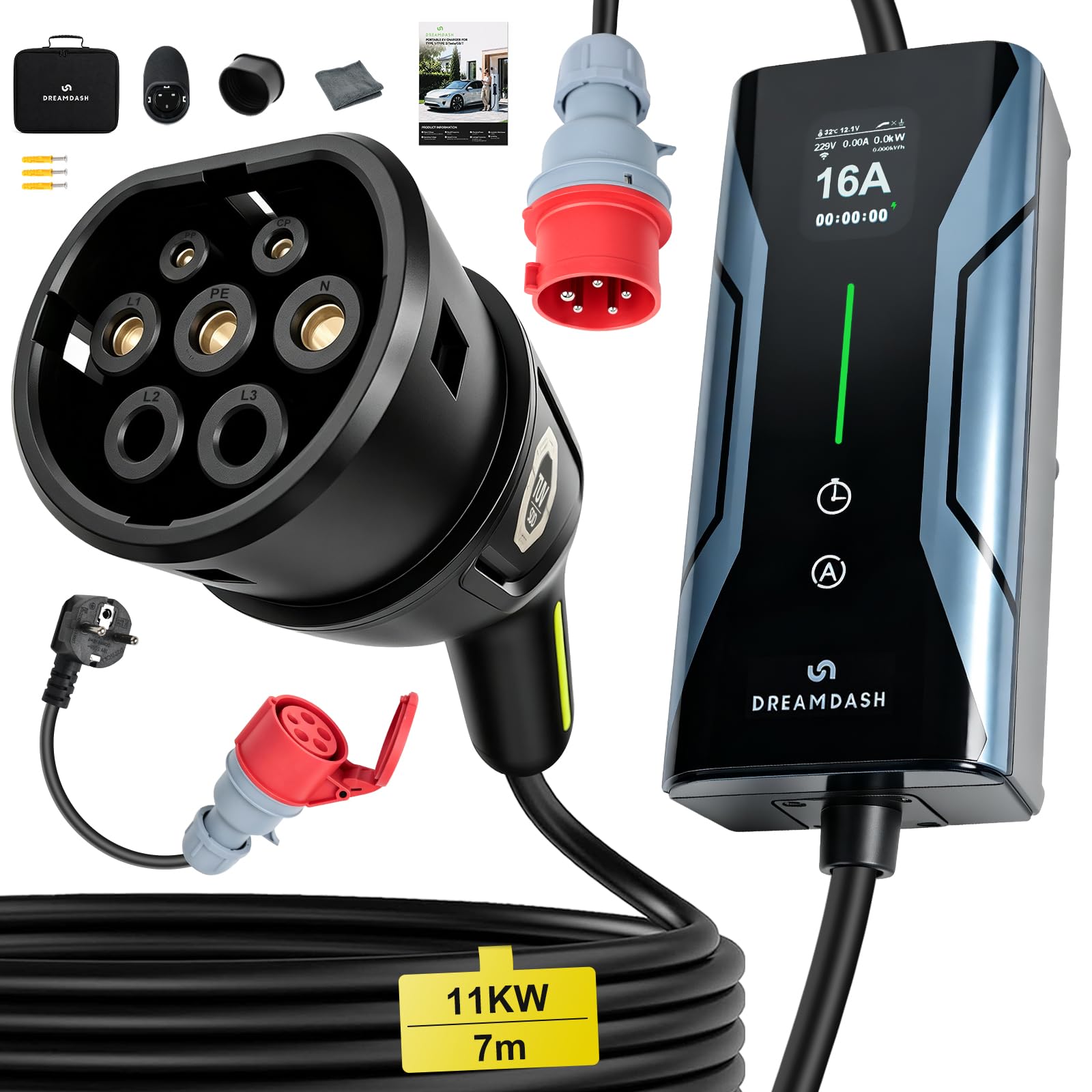Mobile Wallbox 11KW Dreiphasig rot CEE 16A auf Typ 2, 7M, Adapter Schuko