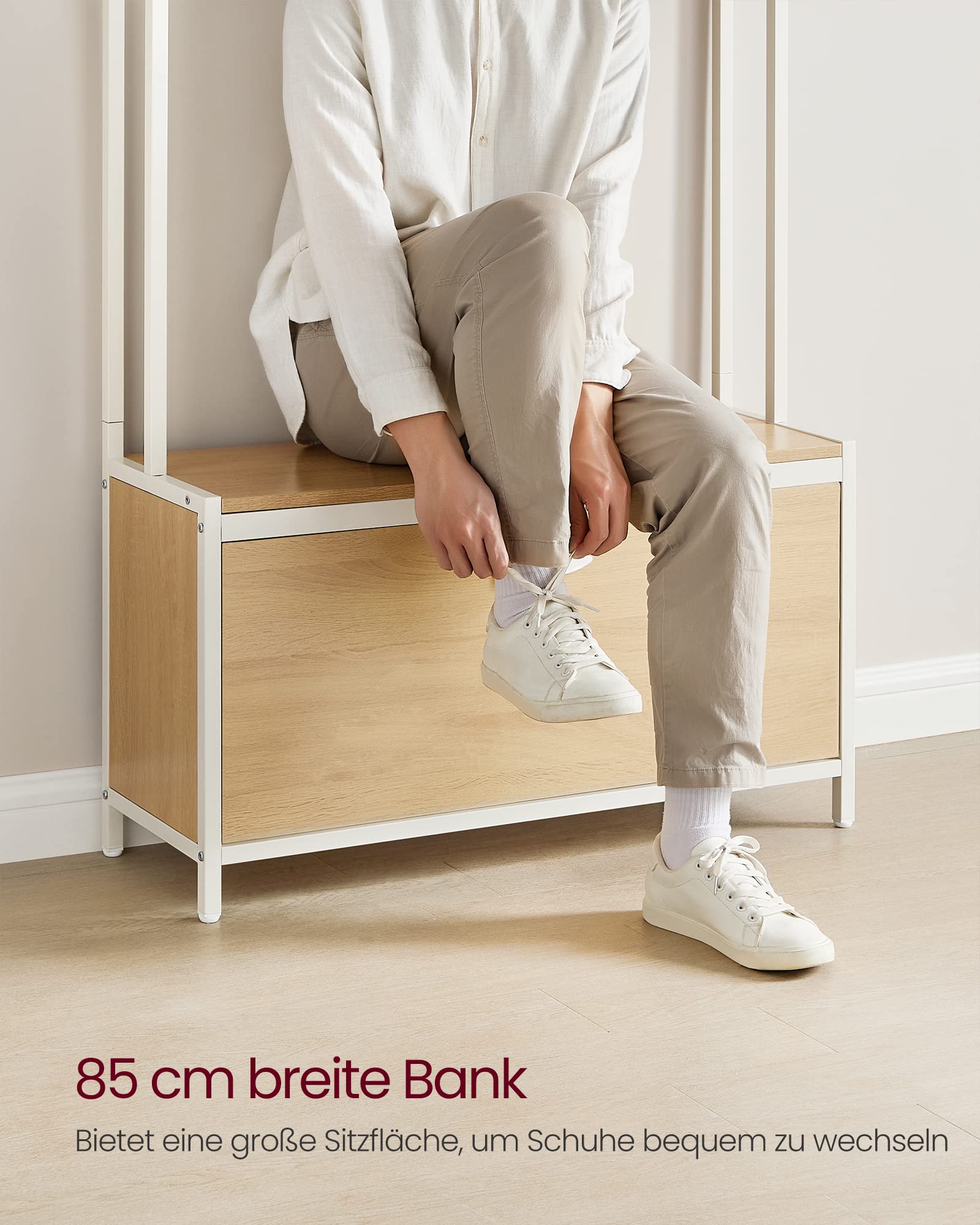 VASAGLE Garderobenständer mit Schuhschrank, Garderobe mit Sitzbank, Kleiderständer, Schuhkipper, 9 Haken, obere Ablage, für Flur, Schlafzimmer, modernes Design, eichenfarben-weiß HSR405W09