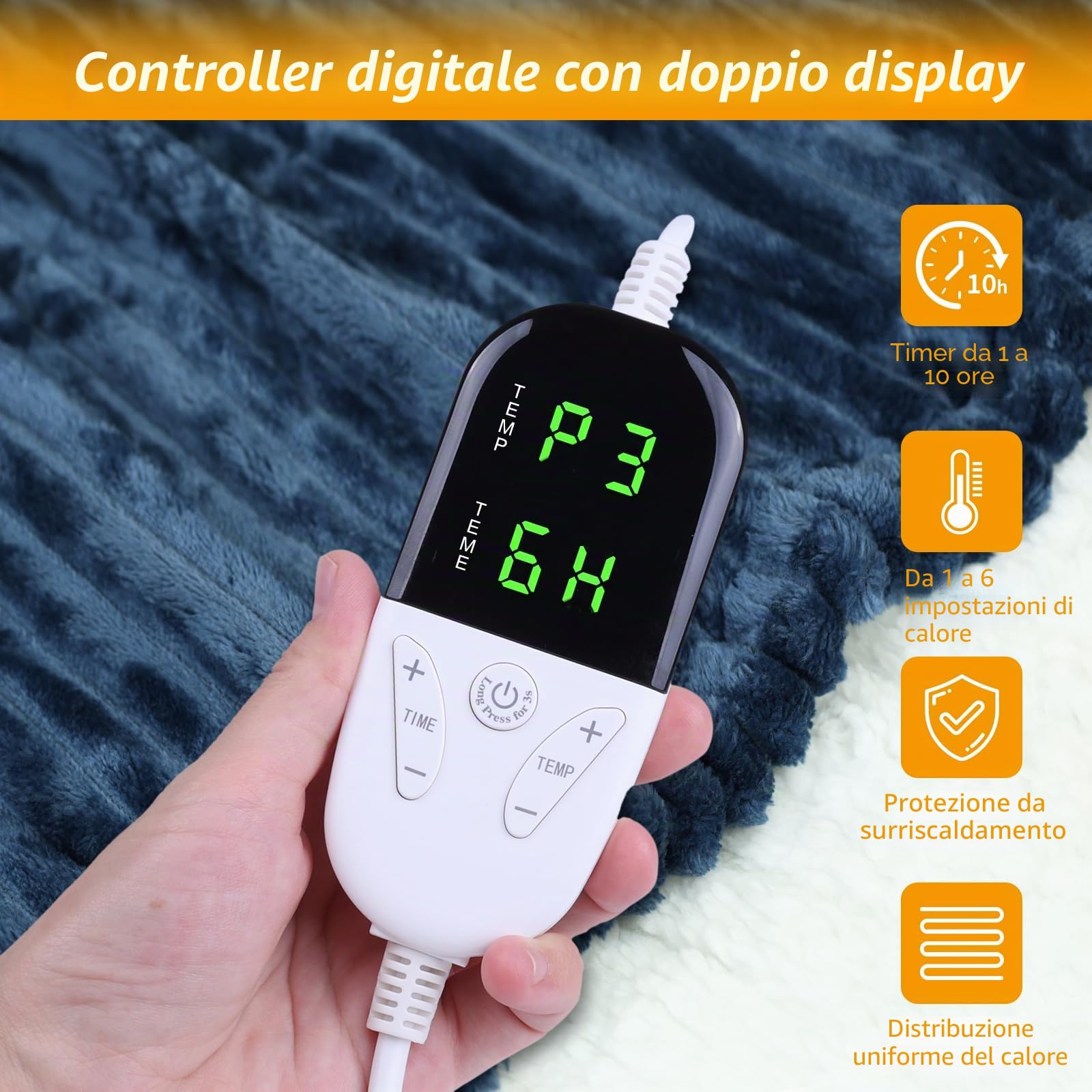 ITSHINY Coperta Riscaldante Elettrica 180x135 cm con Controllo Digitale, 6 Livelli di Calore, Timer 1-10h, Spegnimento Automatico + Protezione Surriscaldamento, Flanella Morbida Lavabile in Lavatrice