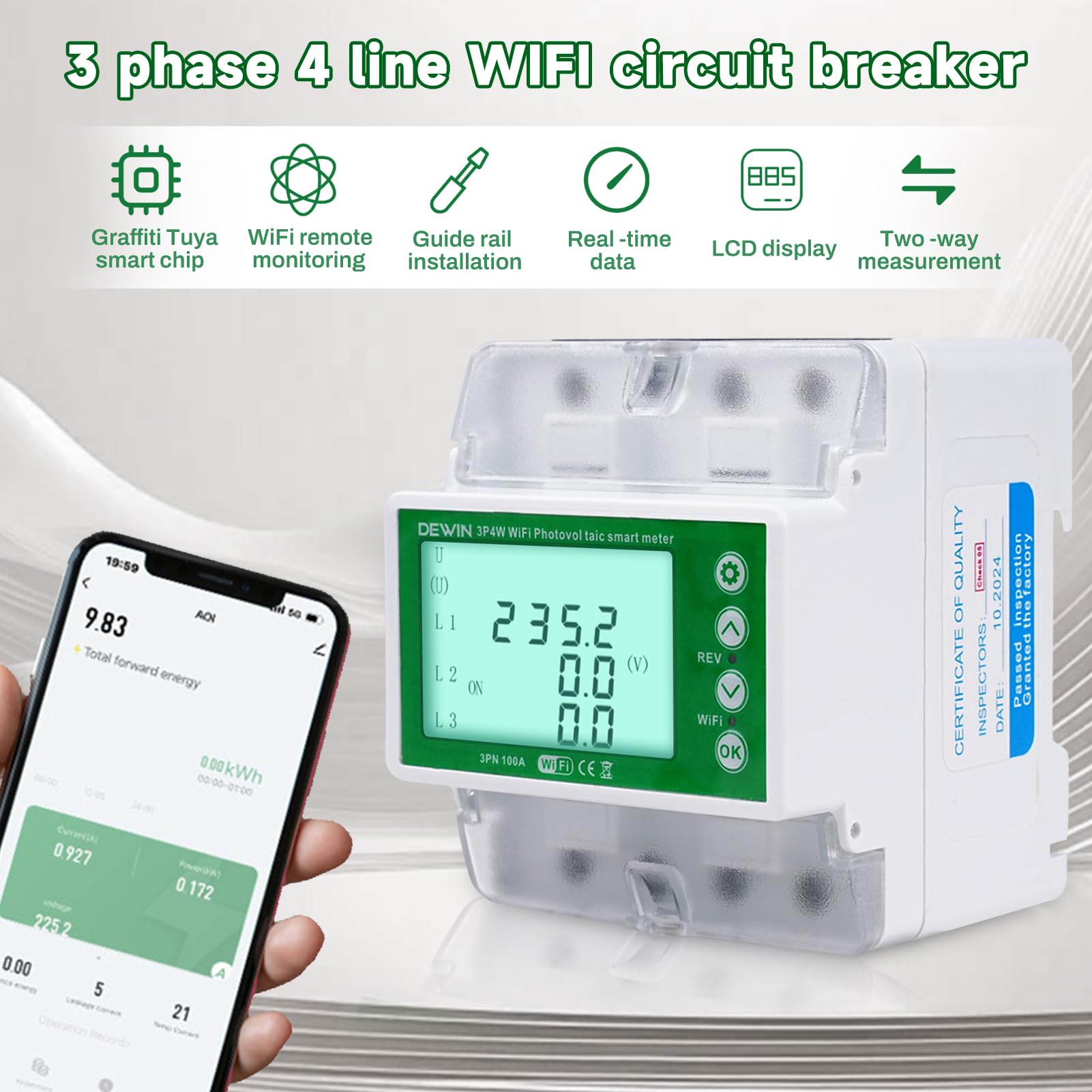 DEWIN Trójfazowy licznik energii elektrycznej WiFi, 100 A 380 VAC Tuya Smart WiFi Miernik zużycia energii elektrycznej z niezrównoważeniem napięcia/utraty faz i ECC. (z włoskimi instrukcjami)