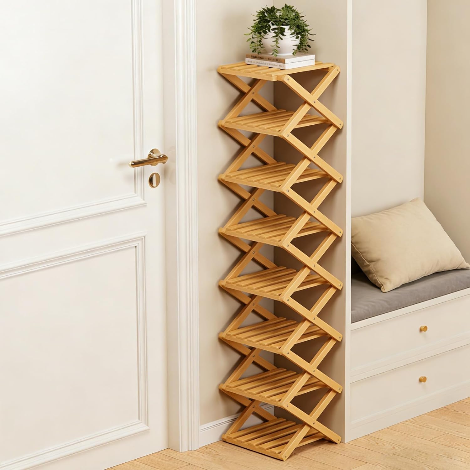 The 9-Tier No-Assembly Bamboo Rack, 2/4/6/8/10 Accordion Bamboo Shoe Rack Organizer, No Assembly, Foldable Space-Saving for Entryway Closet Dorm (Natural,4nd Floor)